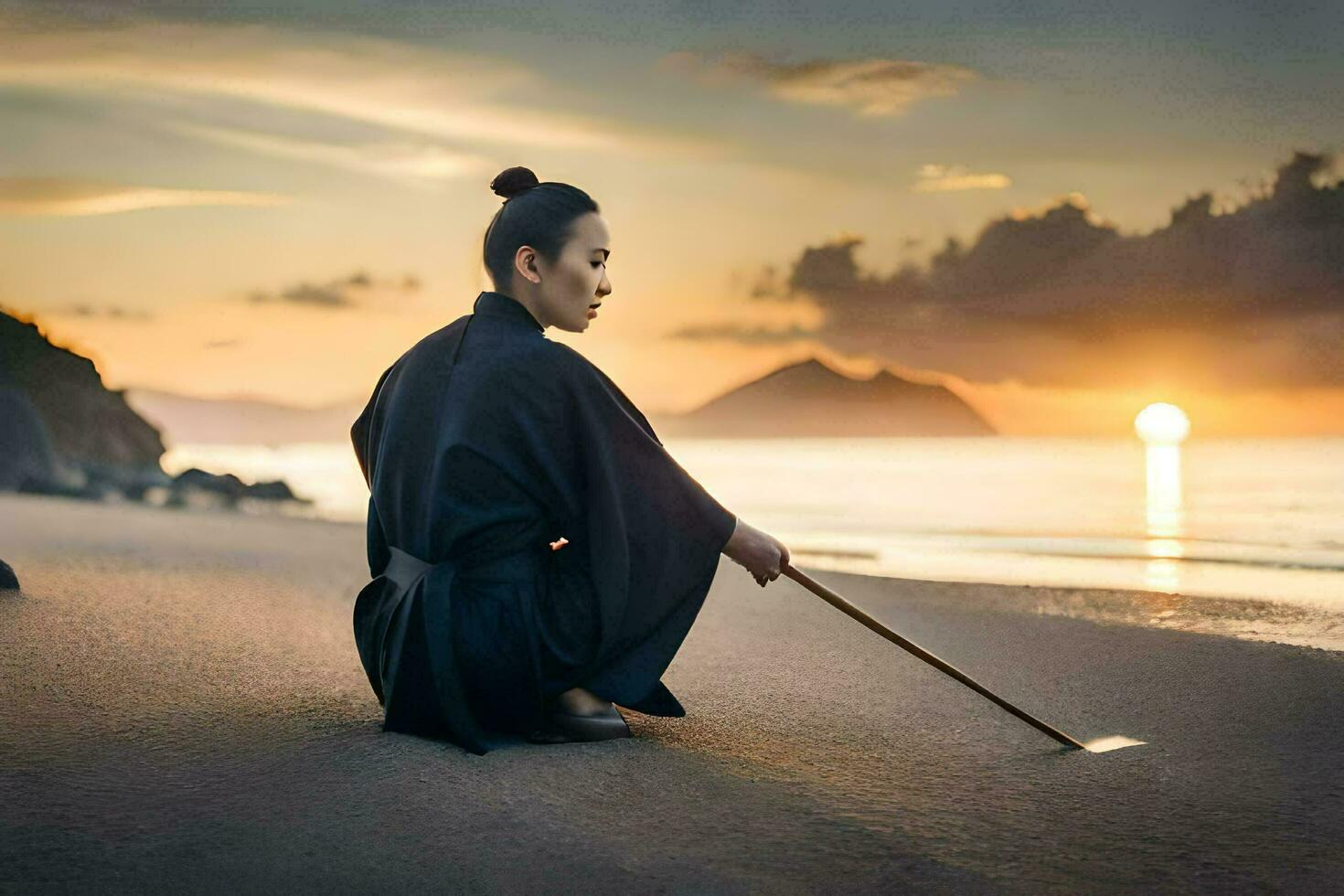 a woman in black robes sitting on the beach at sunset. AI-Generated photo