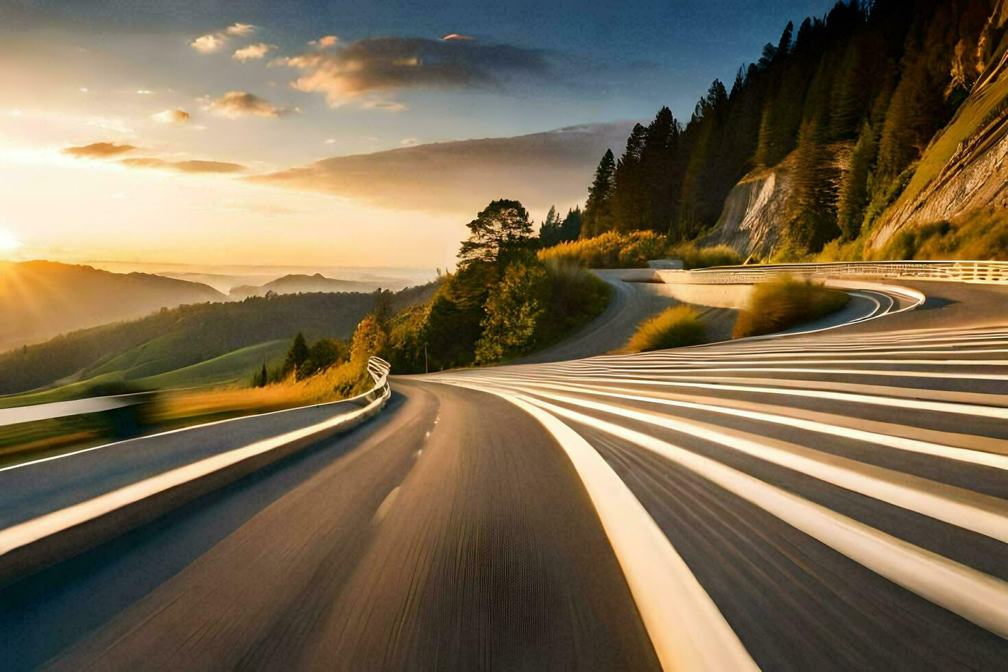 a winding road with the sun setting behind it. AI-Generated photo