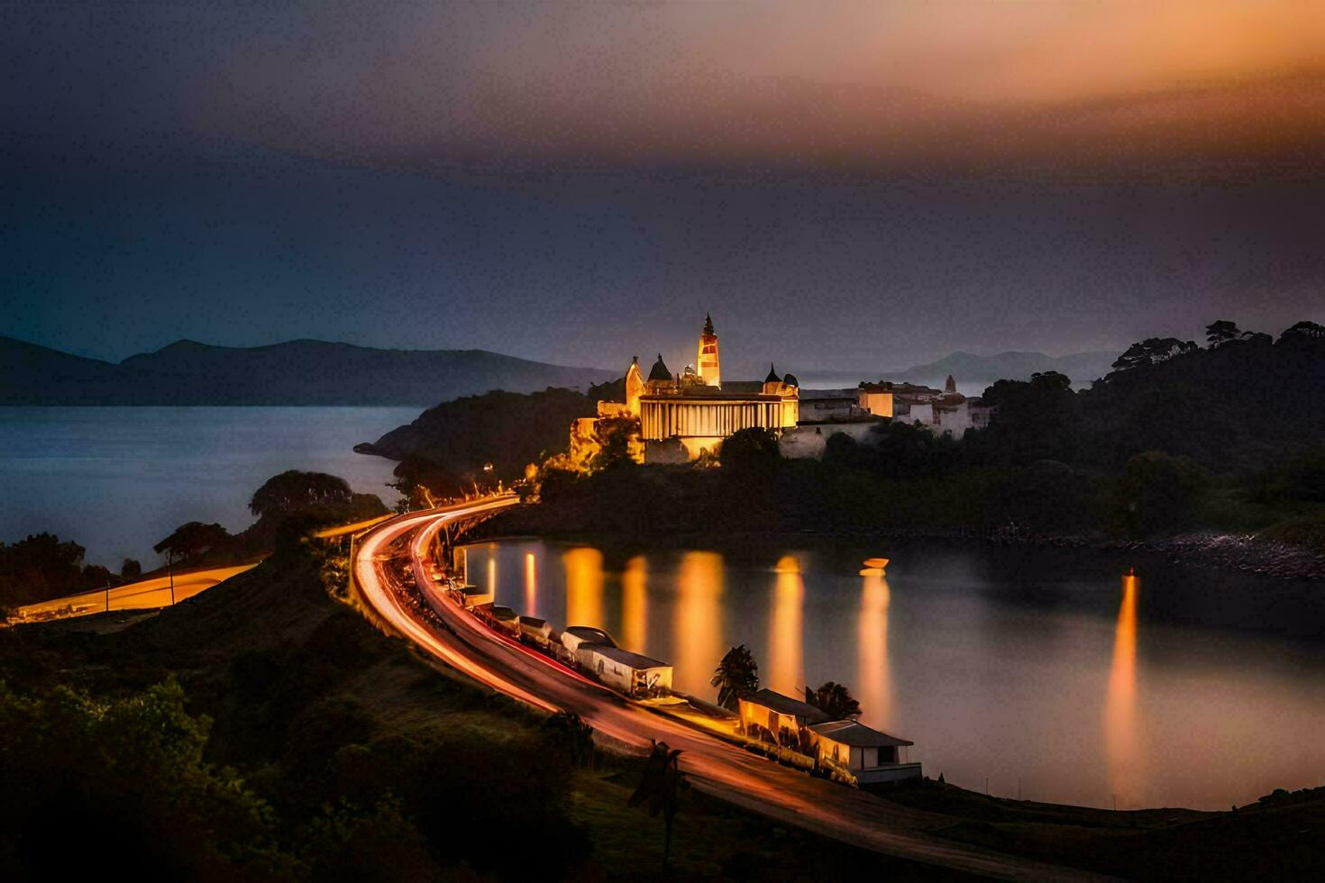 a castle sits on the side of a lake at night. AI-Generated photo