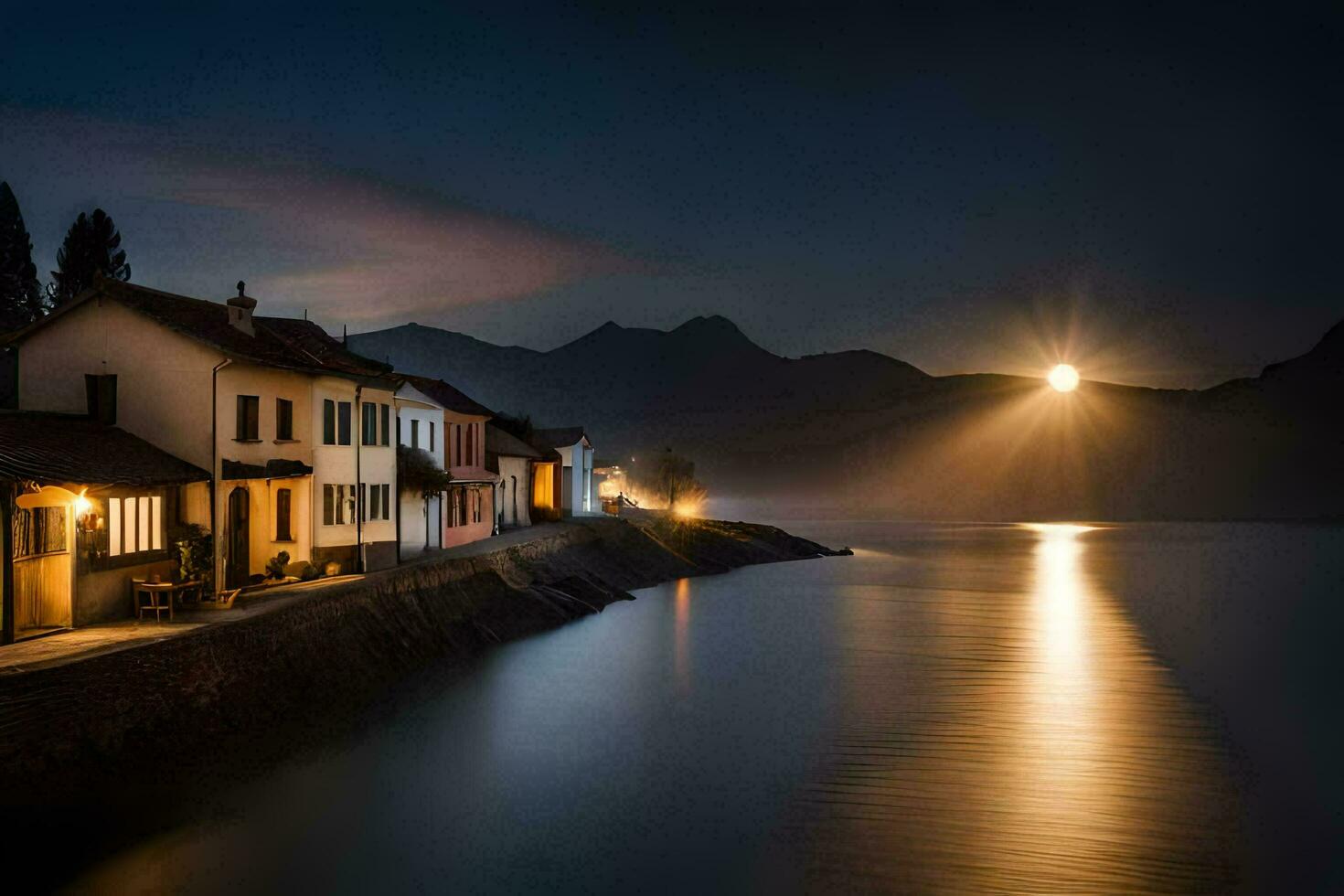 un de luna lago y casas en el primer plano. generado por ai foto