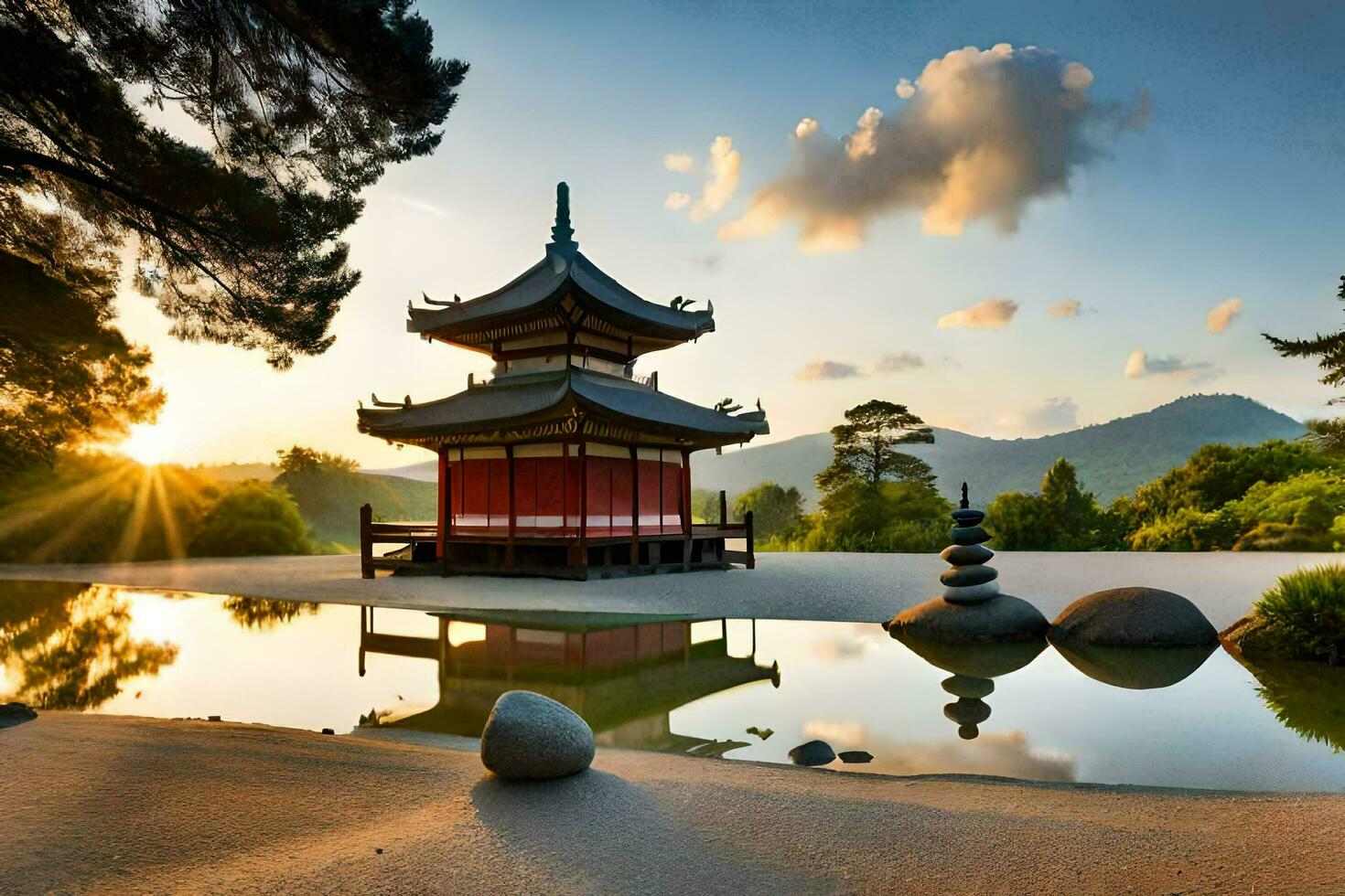 a pagoda sits in the middle of a pond at sunset. AI-Generated photo