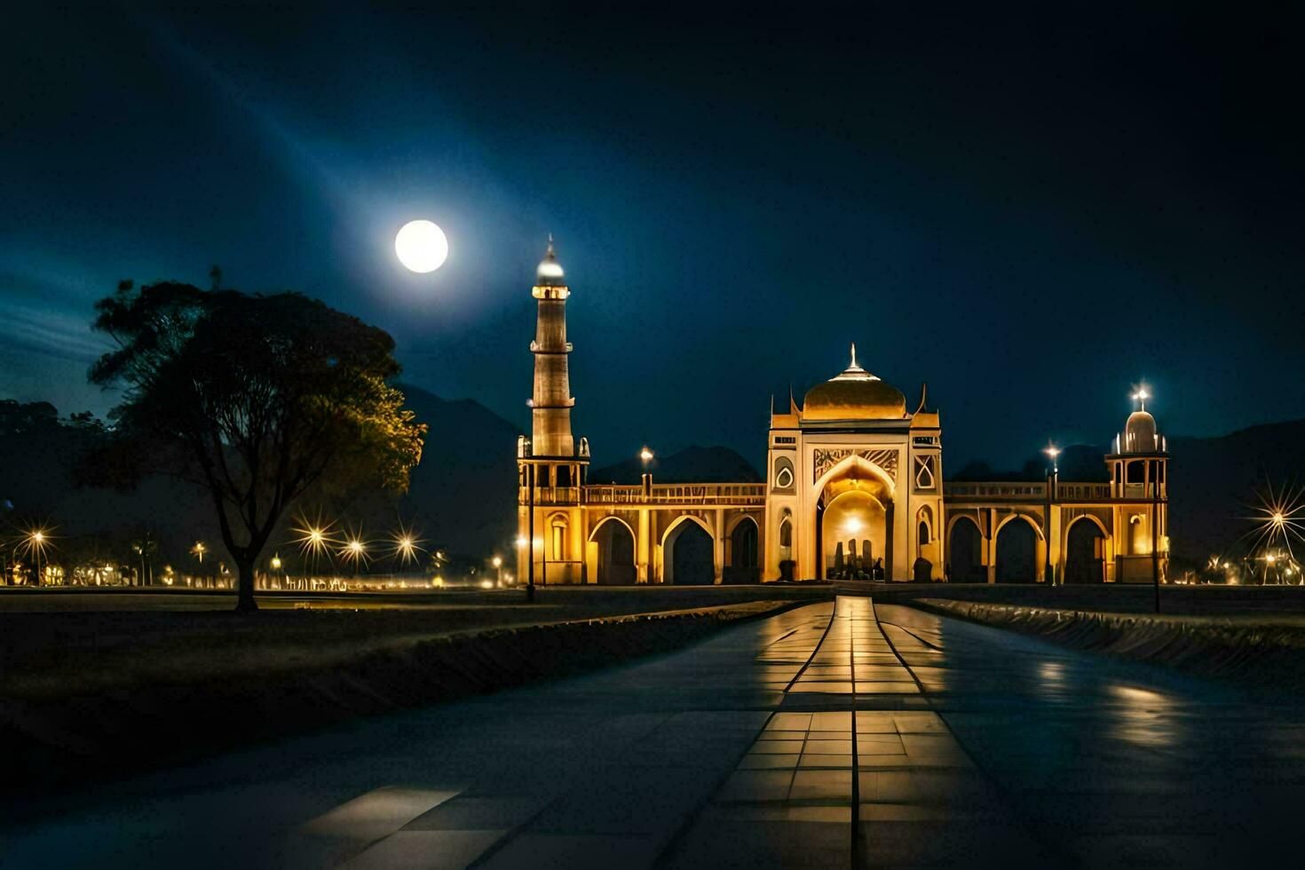 the moon is shining brightly over the mosque. AI-Generated photo
