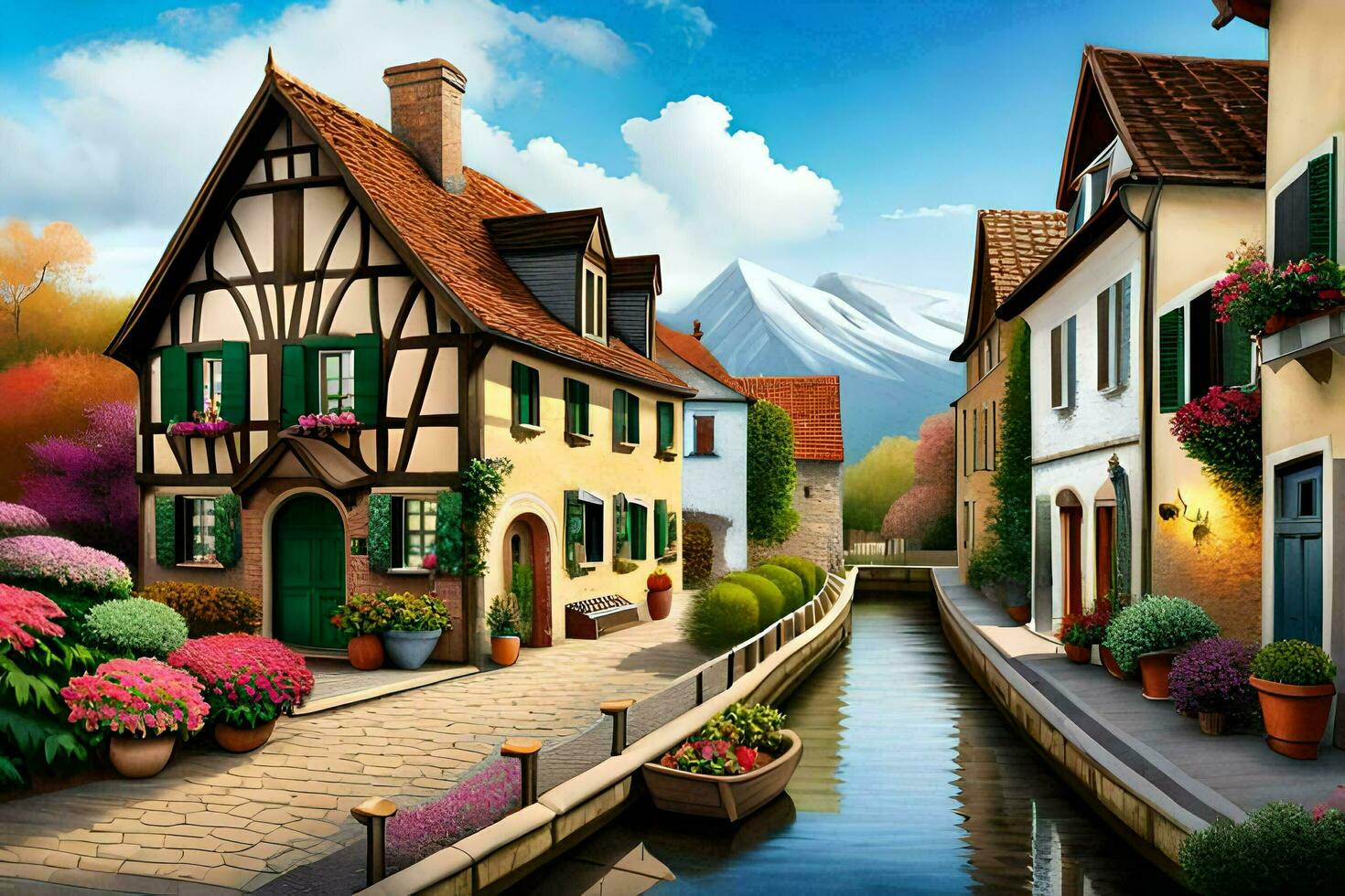 a painting of a small town with houses and flowers. AI-Generated photo