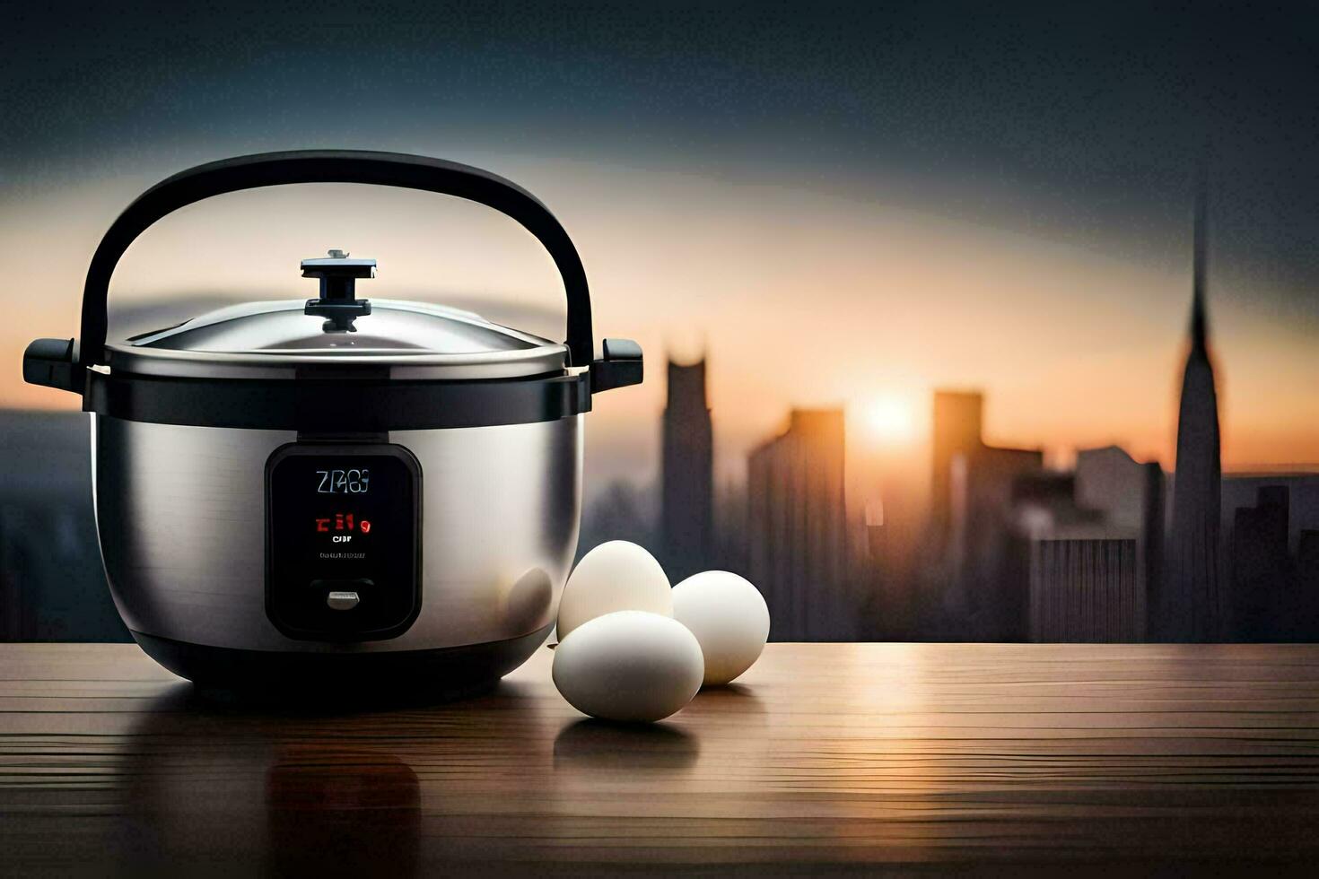 an electric pressure cooker with eggs on a table. AI-Generated photo