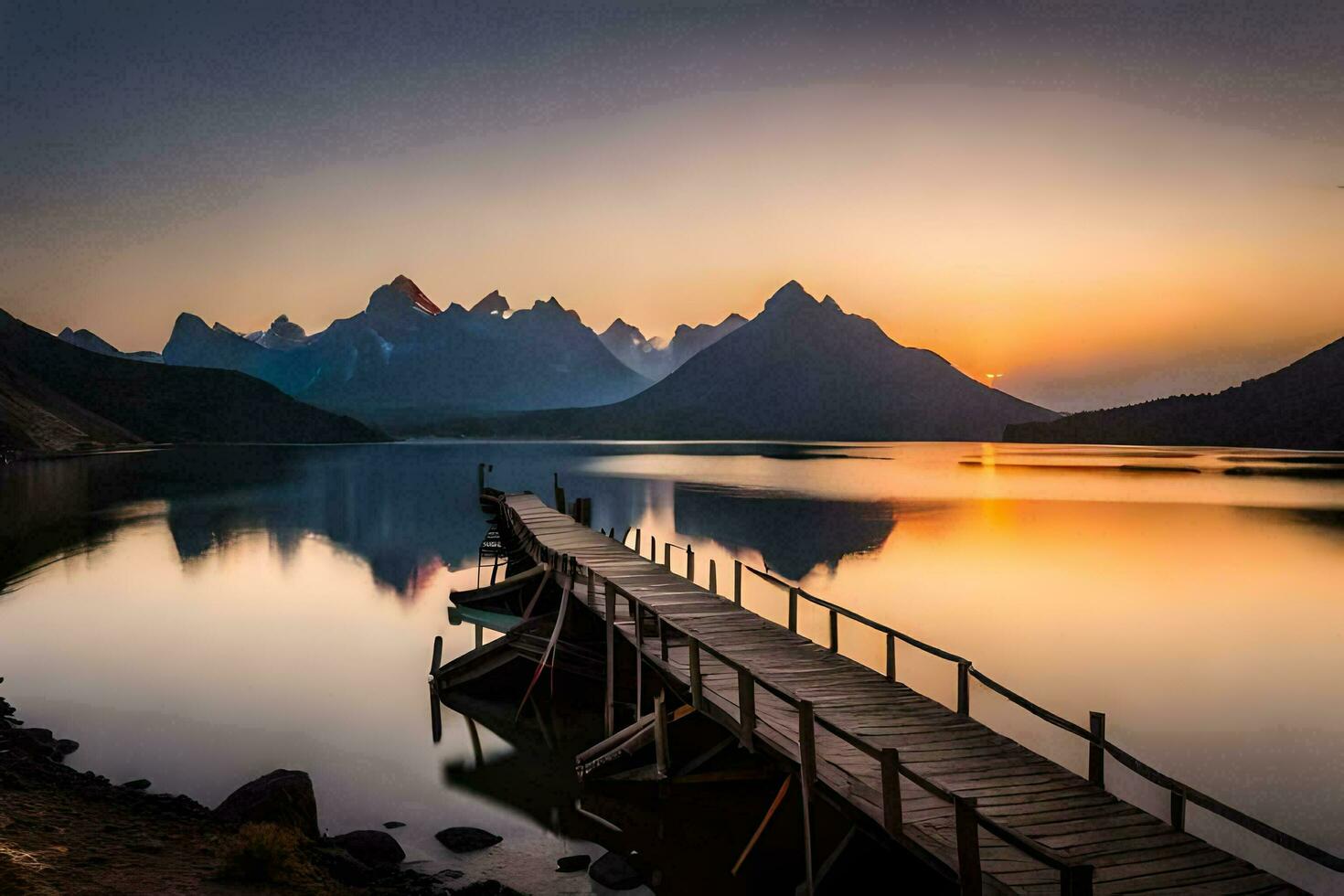 a wooden pier in front of mountains at sunset. AI-Generated photo