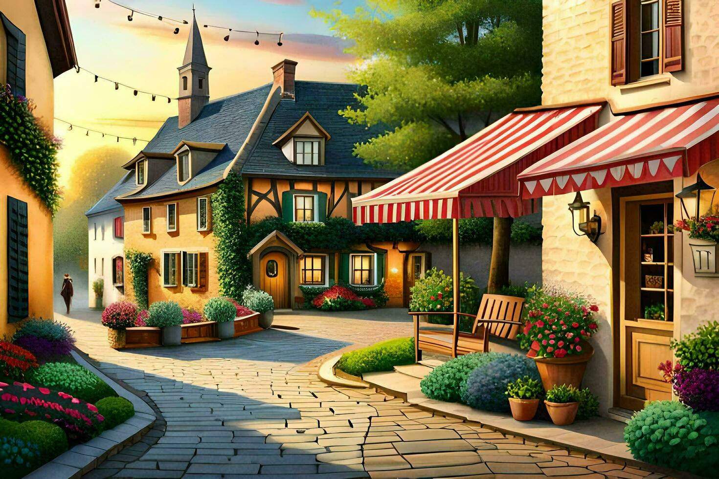 a painting of a street with flowers and plants. AI-Generated photo