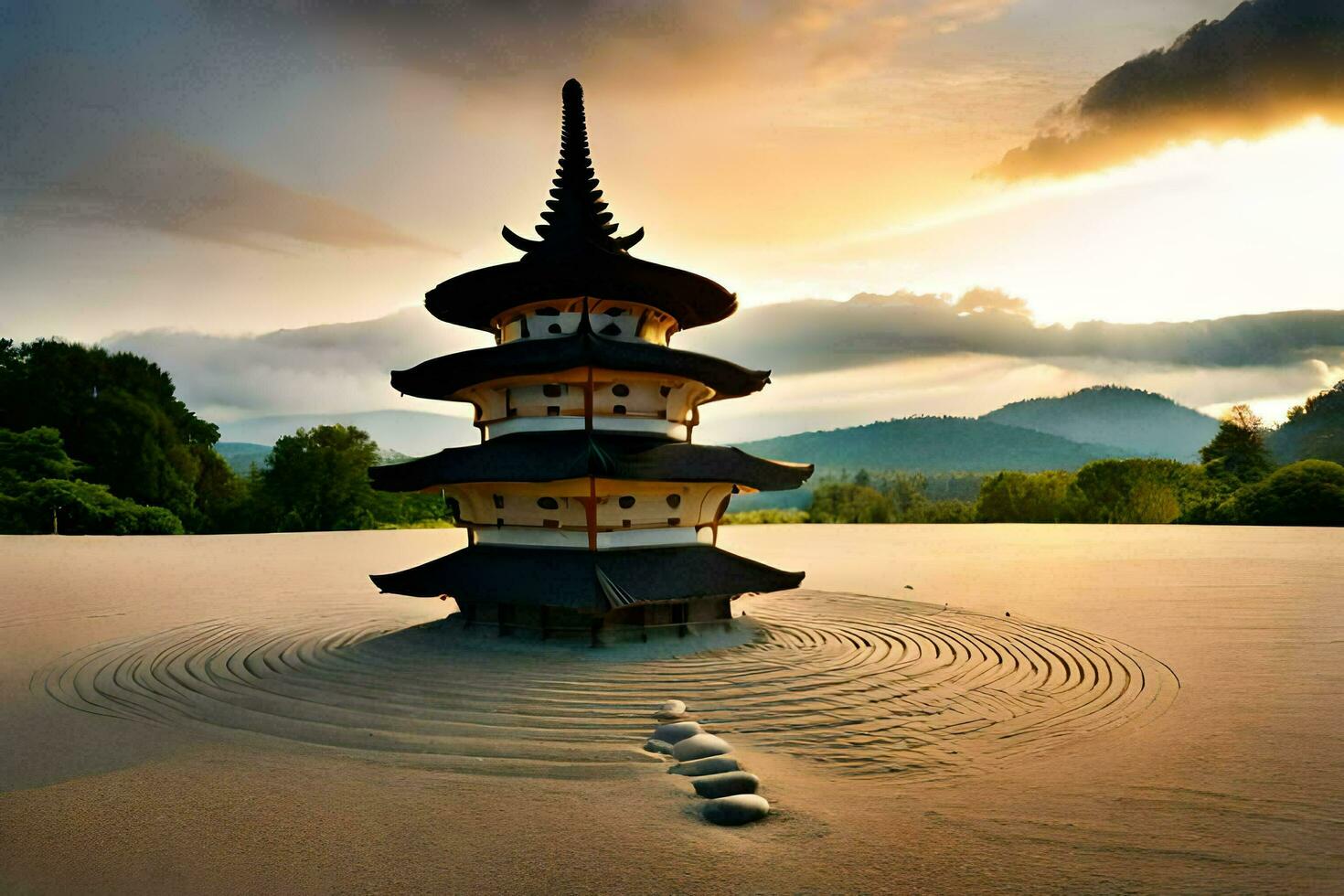 a pagoda in the sand with rocks and water. AI-Generated photo