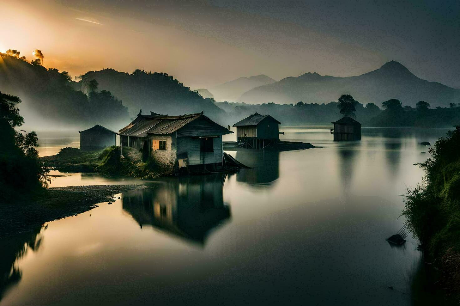 un pequeño pueblo se sienta en el borde de un río a amanecer. generado por ai foto