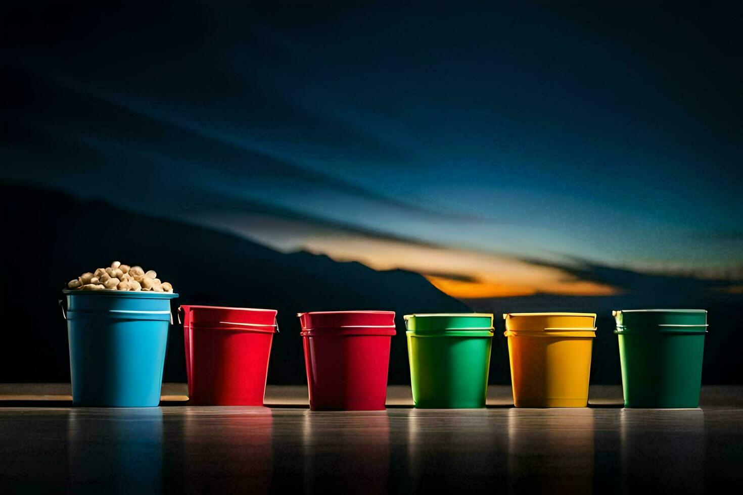 four colorful cups with popcorn on a table. AI-Generated photo