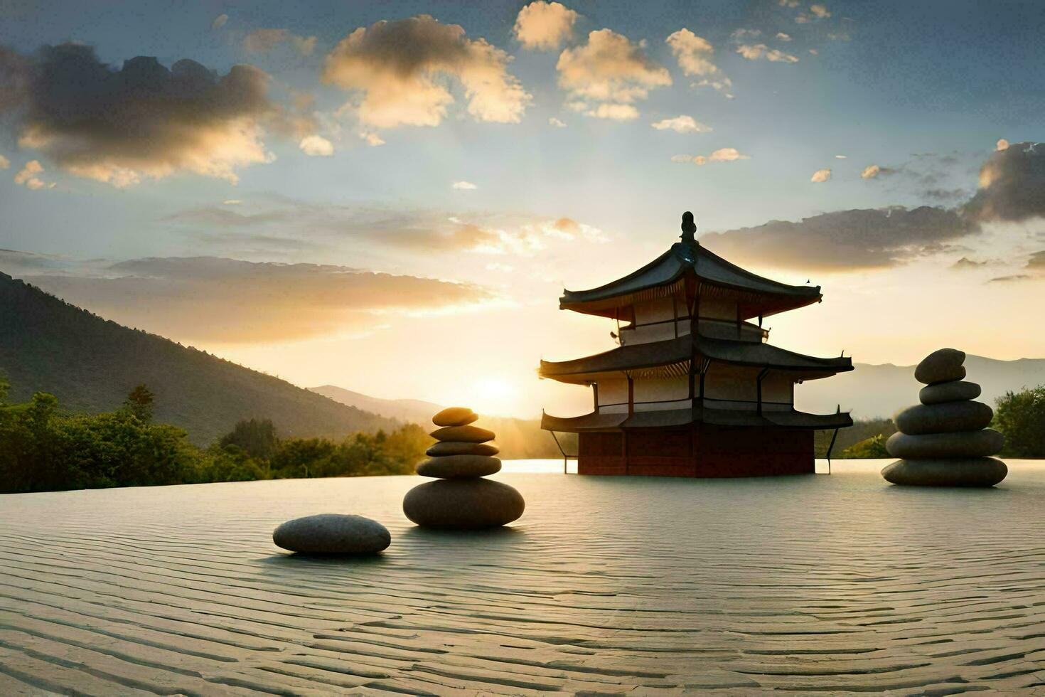 a pagoda and rocks in the sun. AI-Generated photo