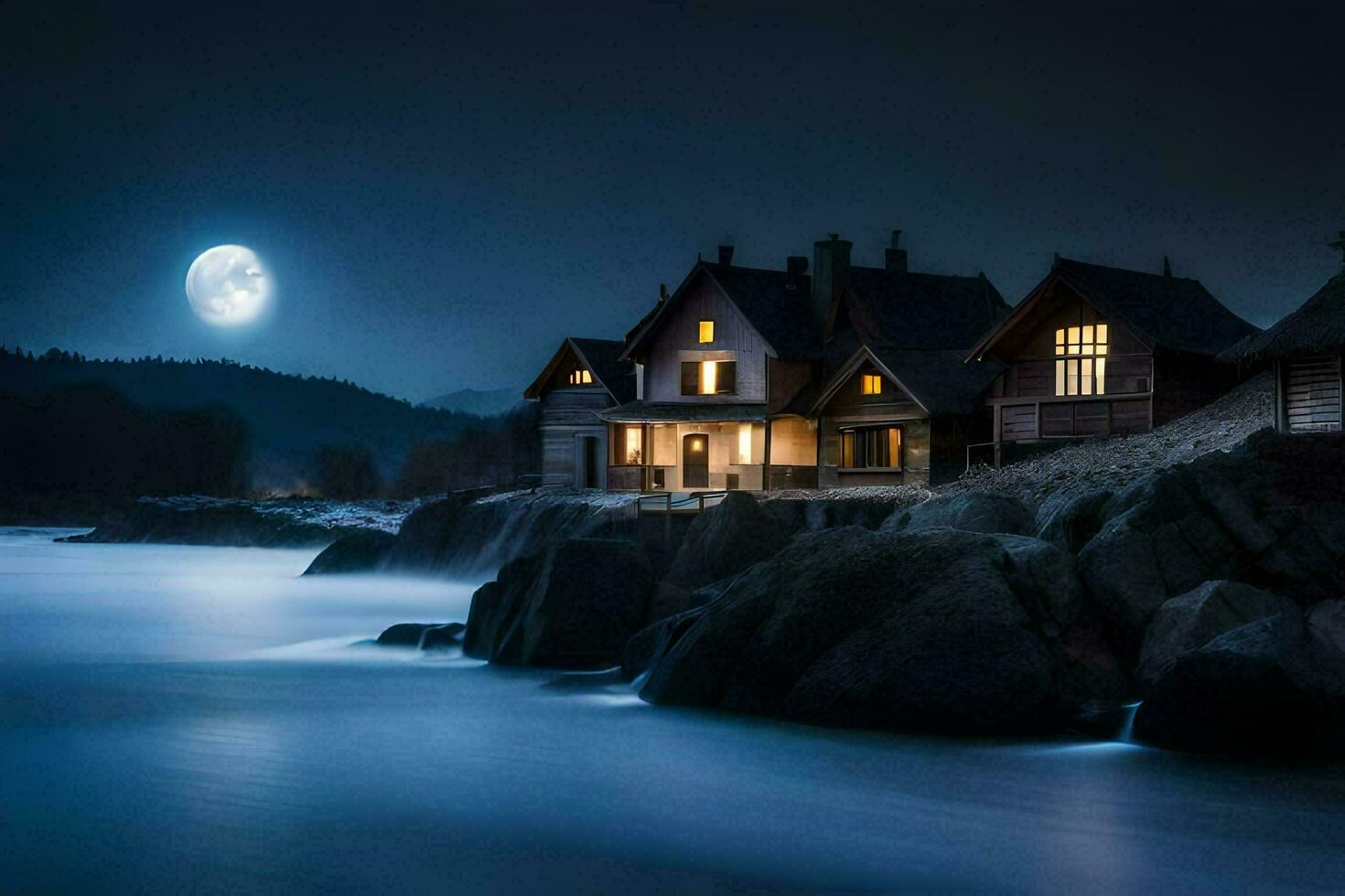 photo wallpaper the moon, night, the sea, the house, the rocks, the water,. AI-Generated