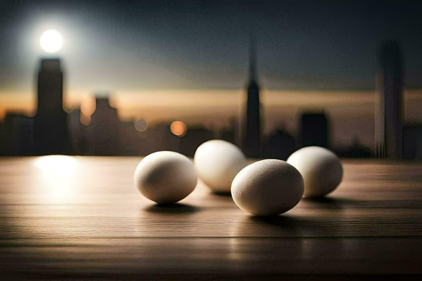 eggs on a table with a city in the background. AI-Generated photo