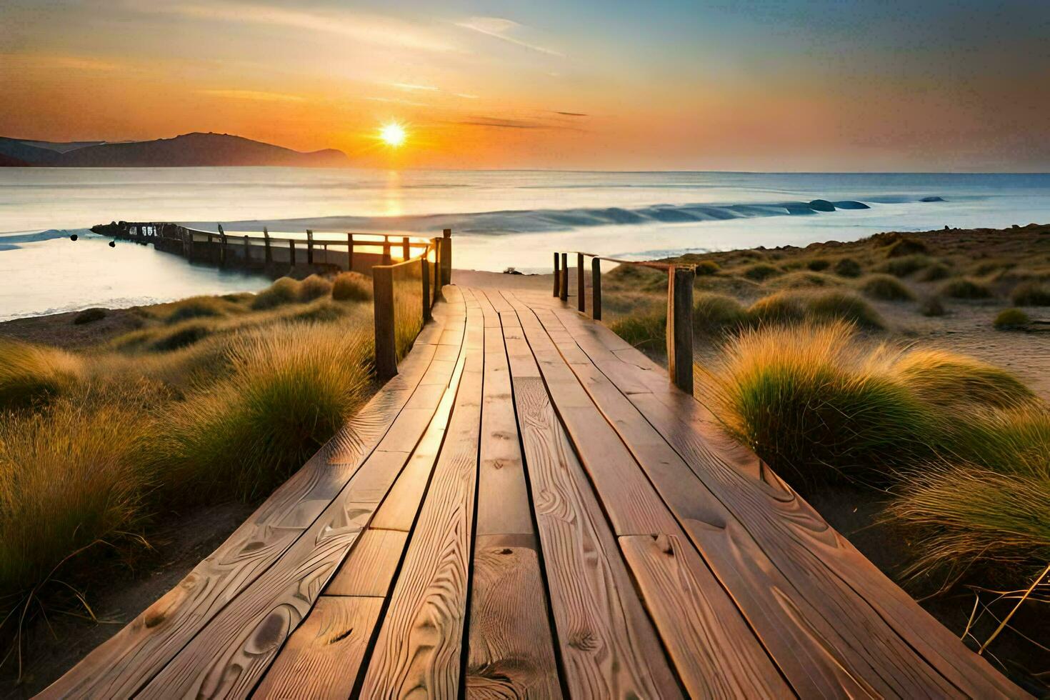 the boardwalk leads to the beach at sunset. AI-Generated photo