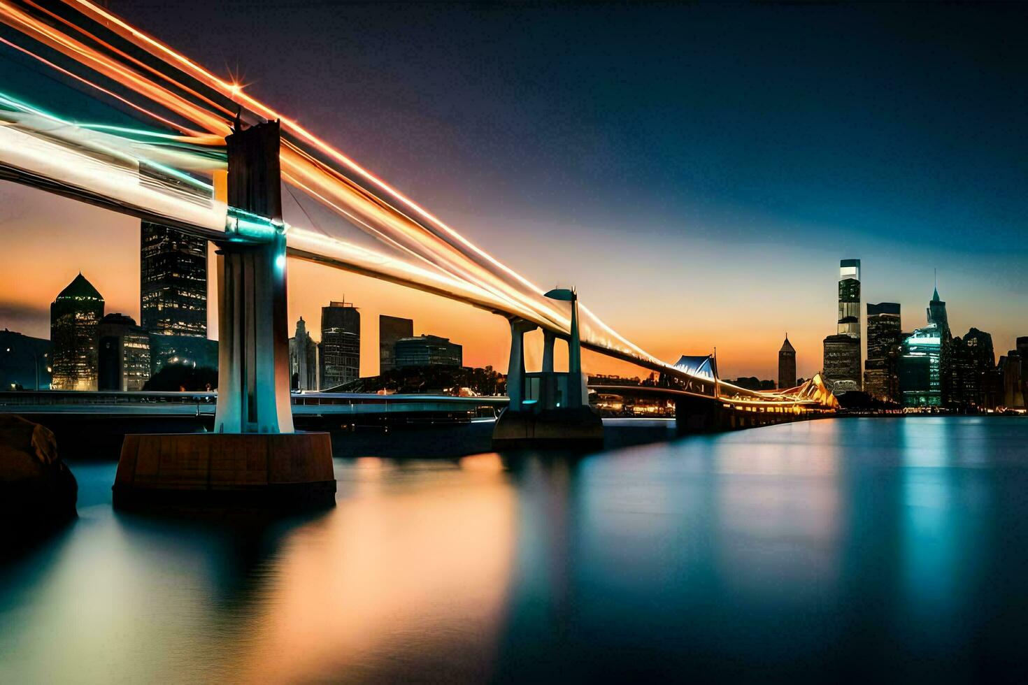 the city skyline at night with lights on the bridge. AI-Generated photo