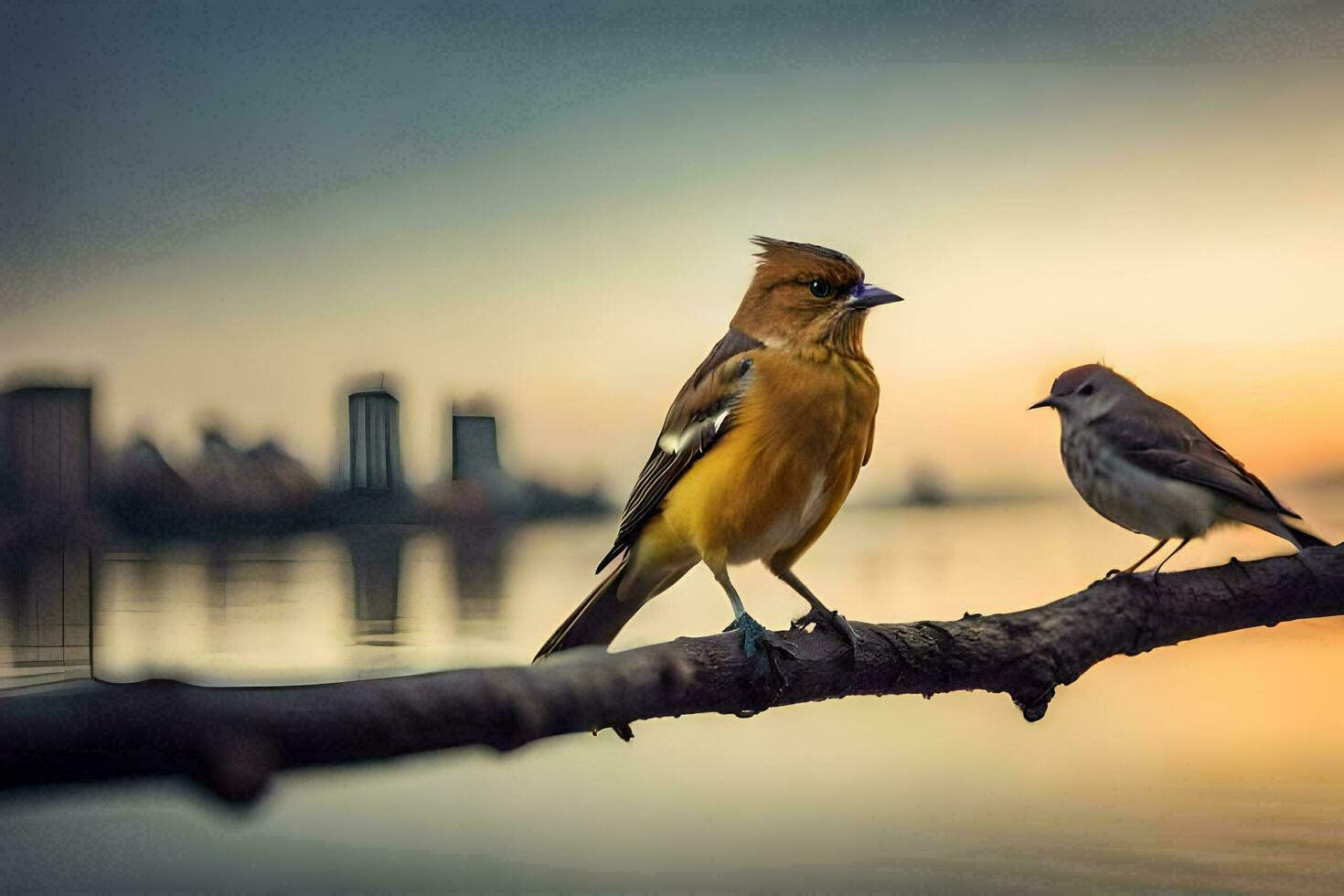 two birds perched on a branch near water. AI-Generated photo