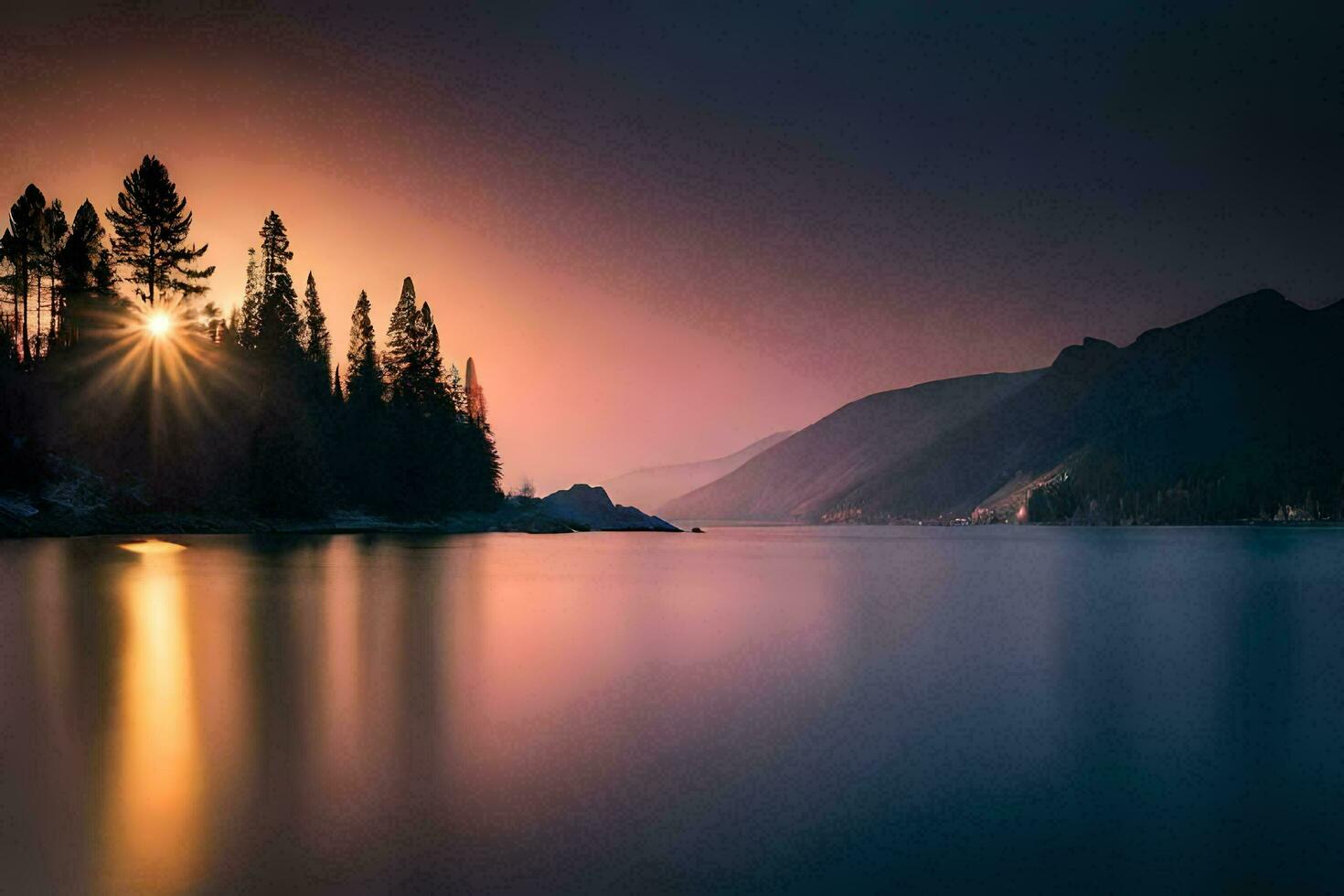 the sun is setting over a lake and trees. AI-Generated photo
