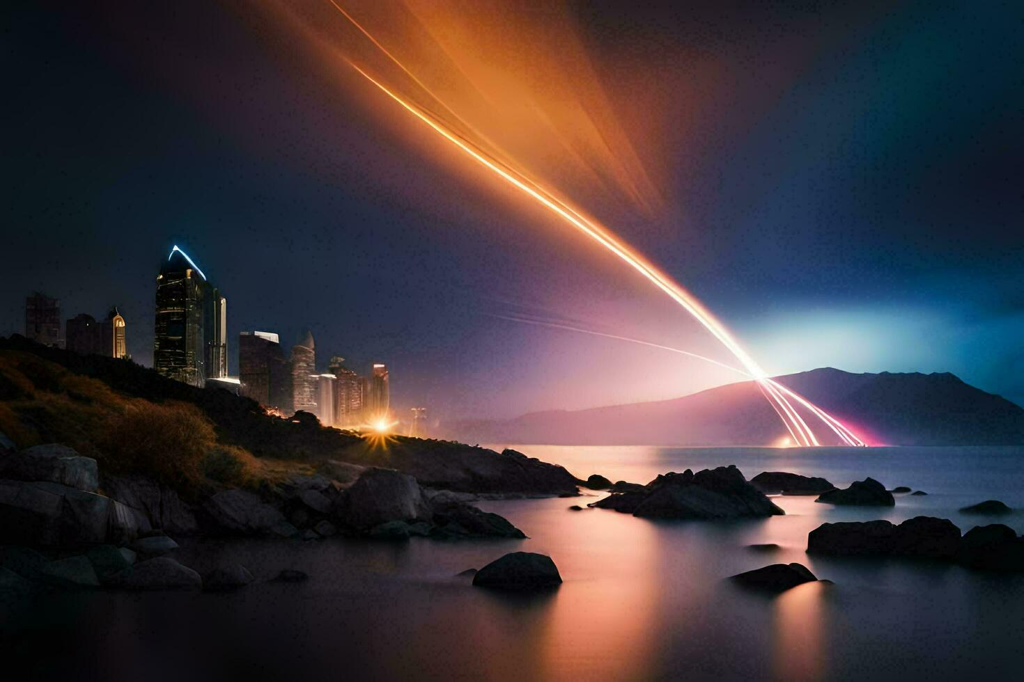 un ciudad horizonte es visto en el distancia con un largo exposición. generado por ai foto