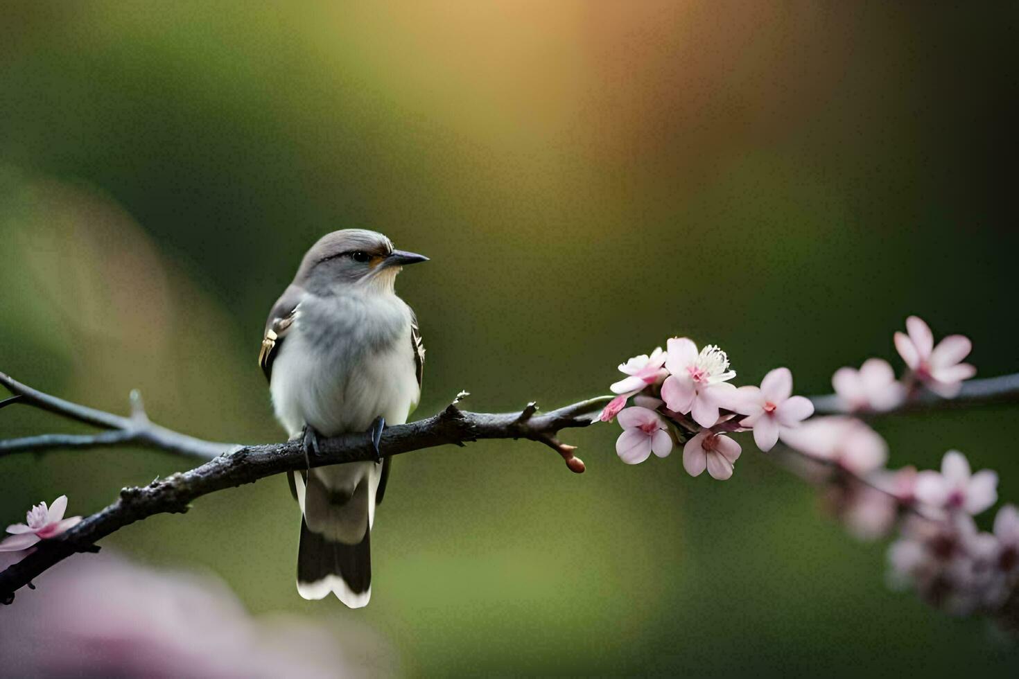 a bird sits on a branch with pink flowers. AI-Generated photo