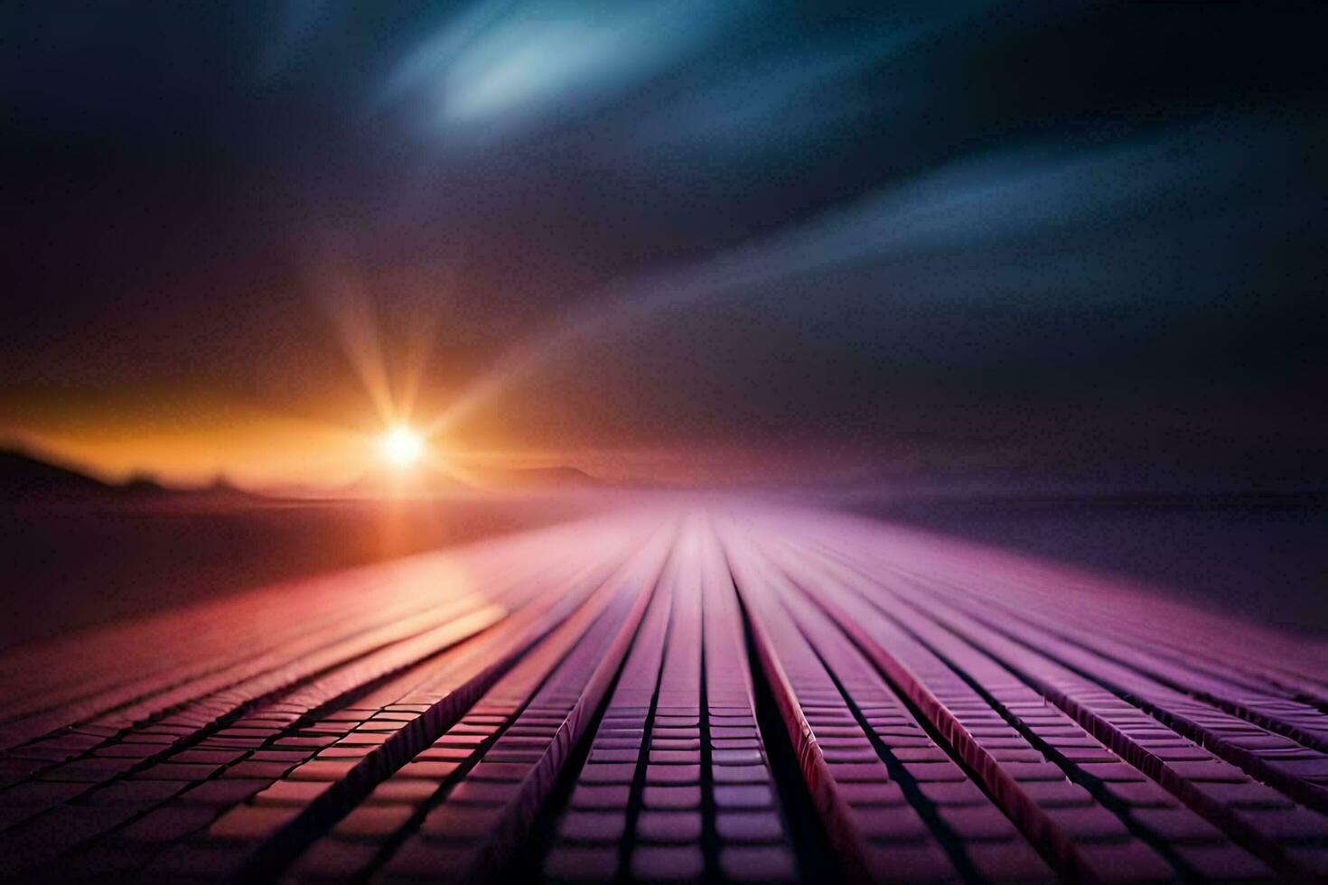 a long road with a sunset in the background. AI-Generated photo