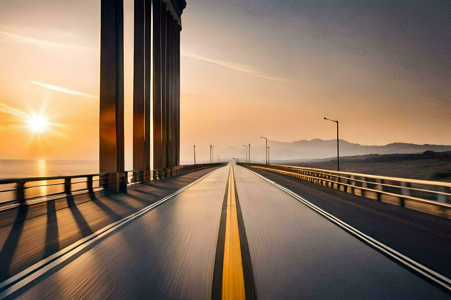 a long exposure photograph of a bridge at sunset. AI-Generated photo