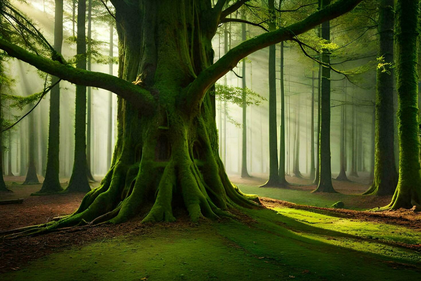 a large tree in the middle of a forest. AI-Generated photo
