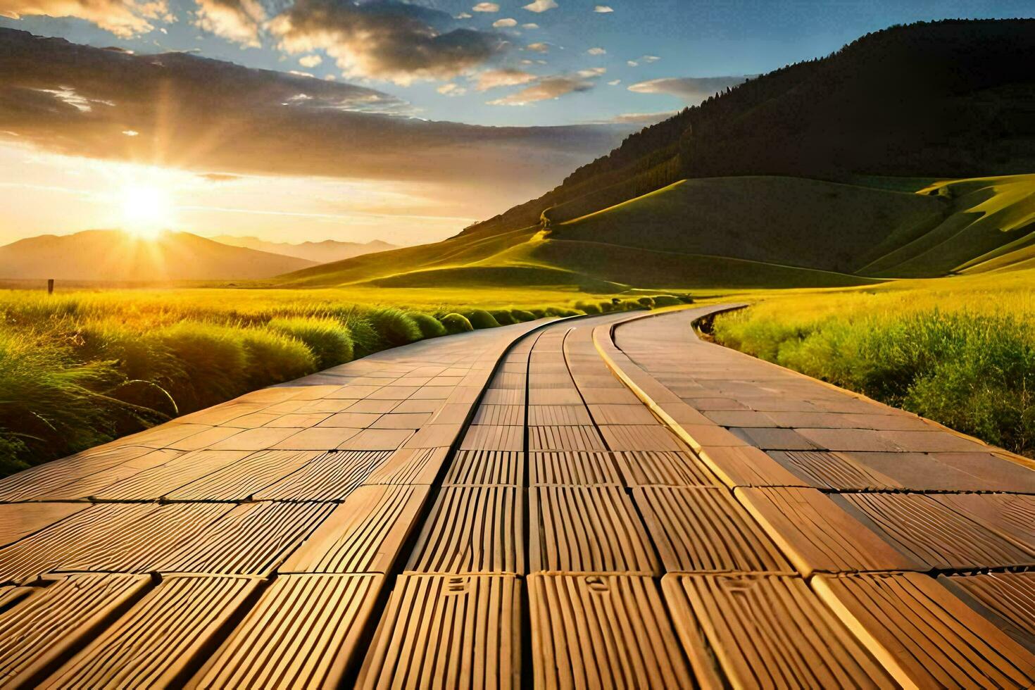 a wooden pathway leads to the sun in the distance. AI-Generated photo