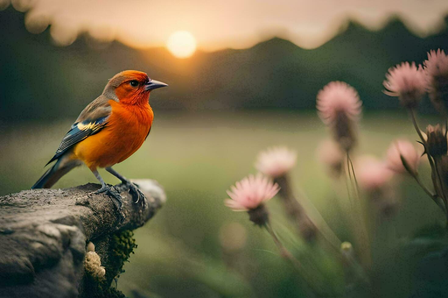 a small orange bird is sitting on a log in a field. AI-Generated photo