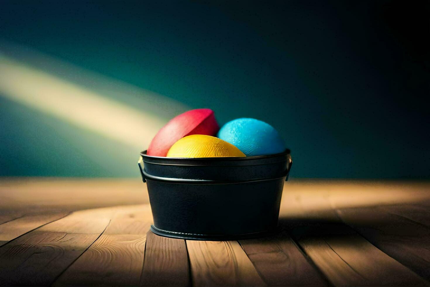 easter eggs in a bucket on a wooden table. AI-Generated photo