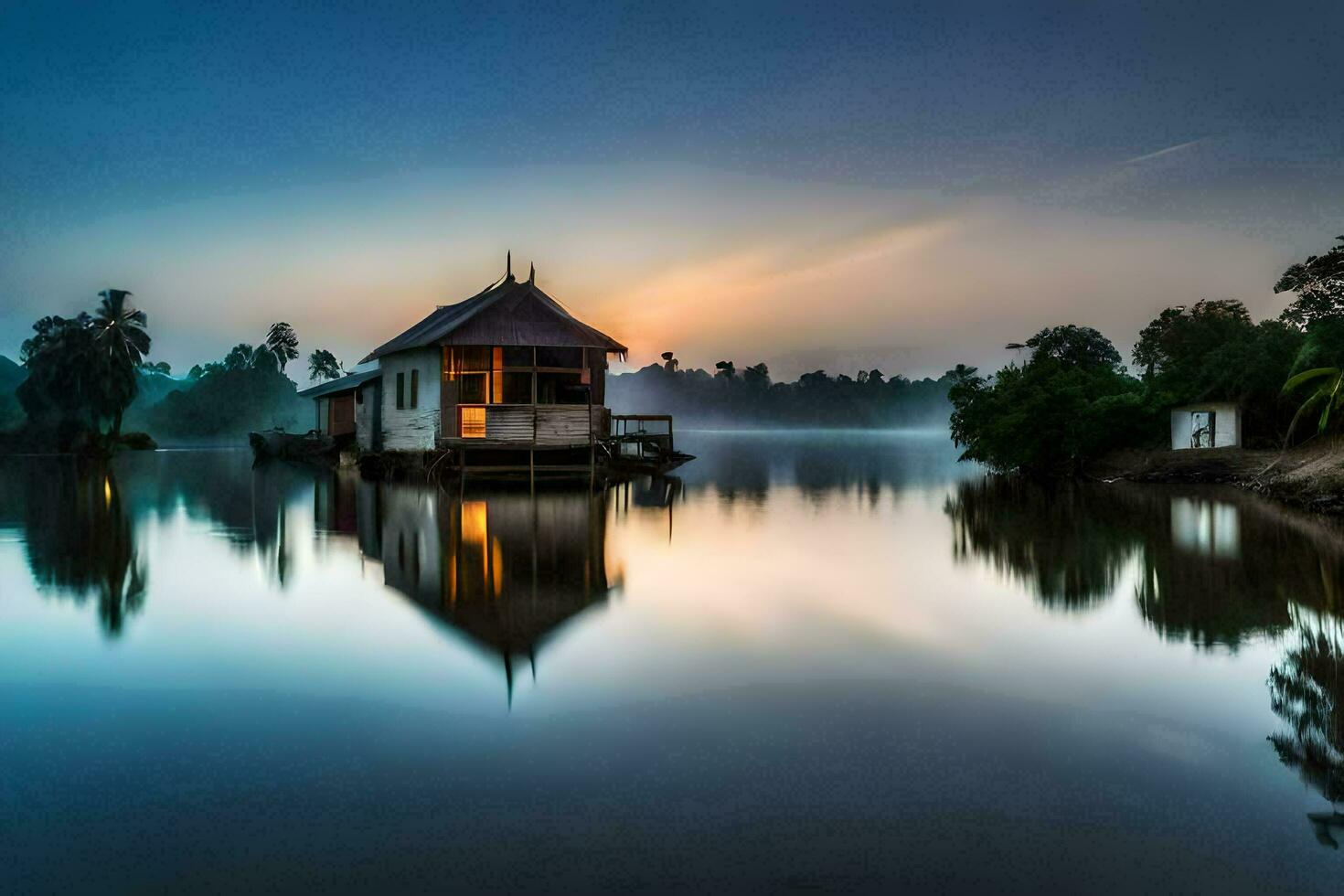 a house on the water at sunrise. AI-Generated photo