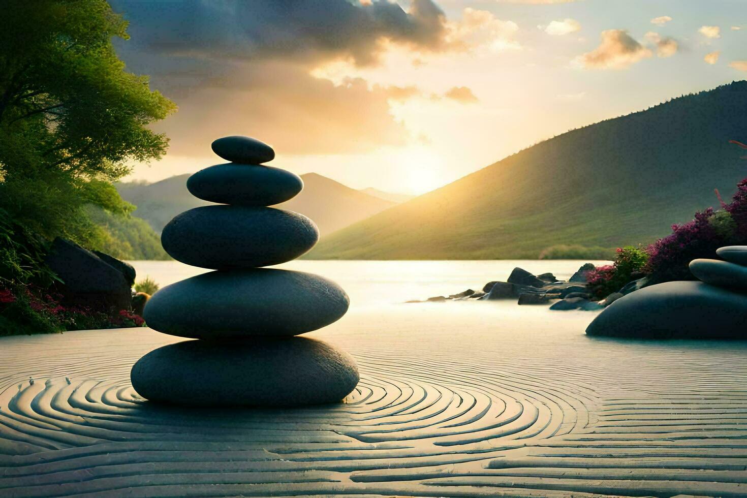 a zen garden with stones stacked on top of each other. AI-Generated photo