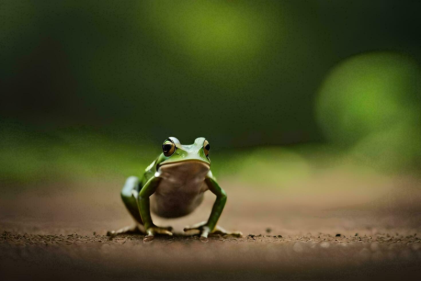a frog sitting on the ground in front of a green background. AI-Generated photo
