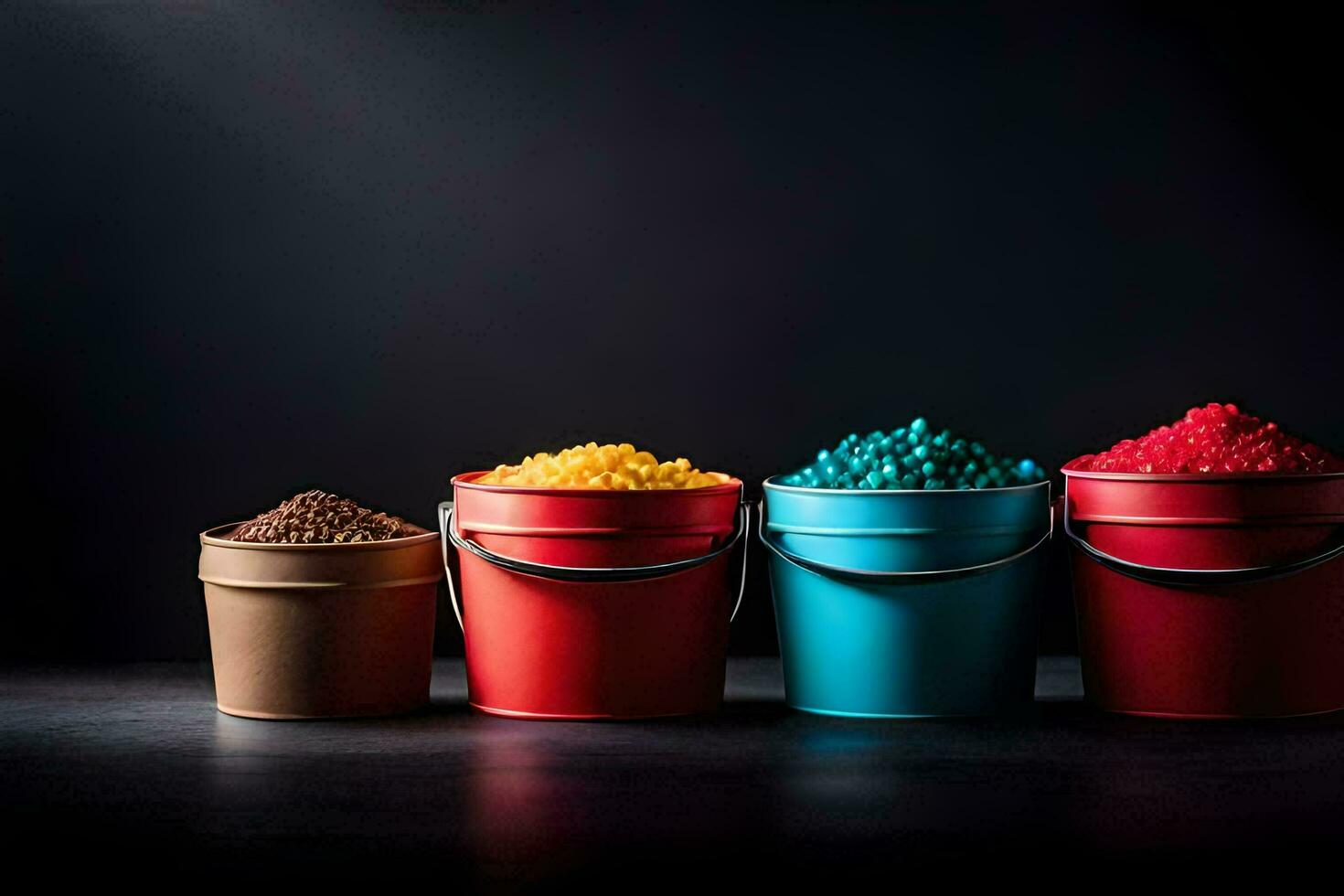 colorful buckets of different colored candy on a dark background. AI-Generated photo