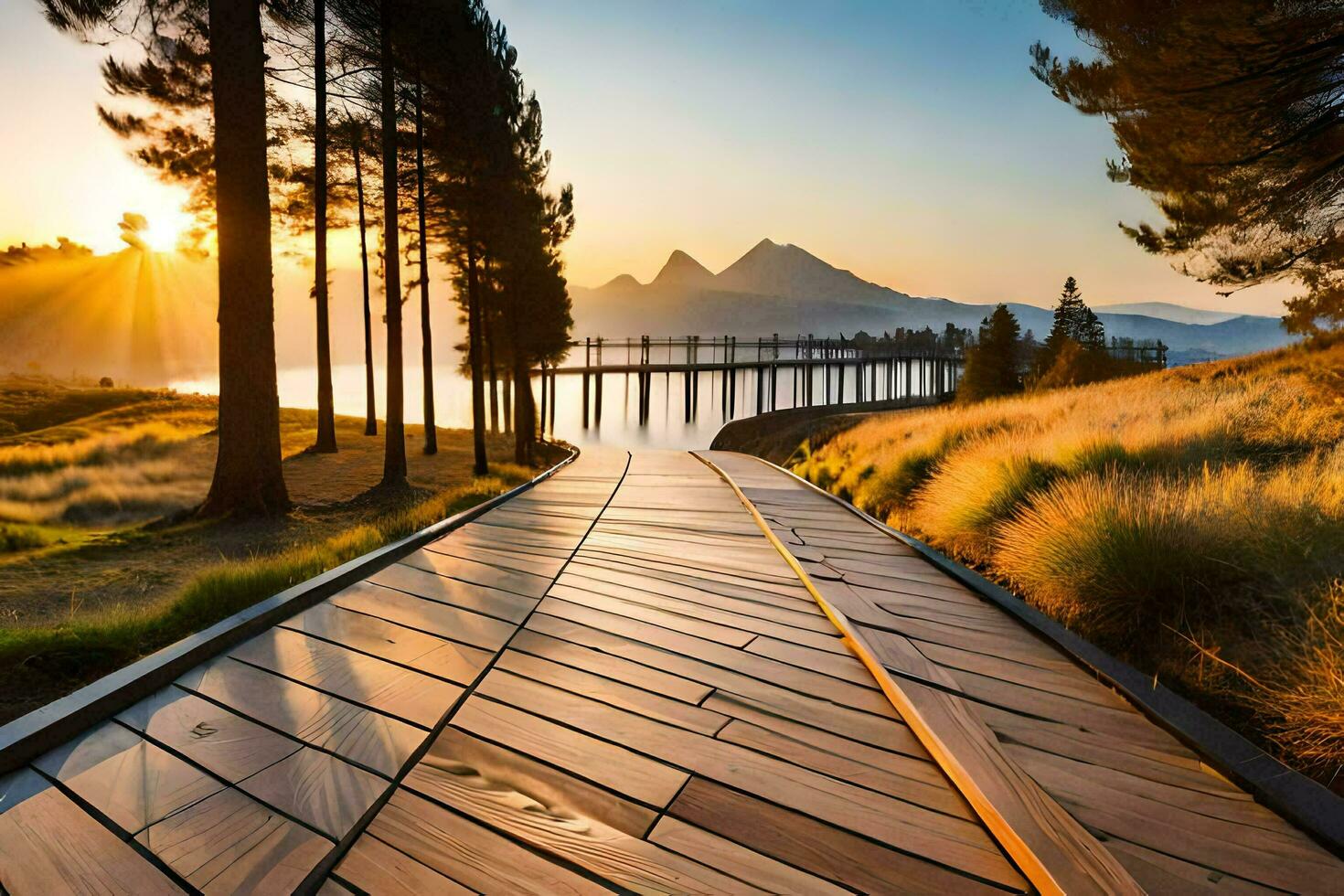 a wooden walkway leads to a lake and mountains. AI-Generated photo