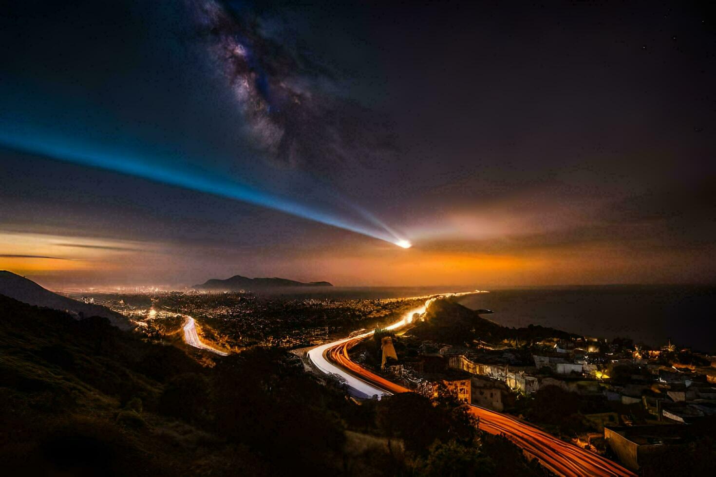 the milky way over the city at night. AI-Generated photo