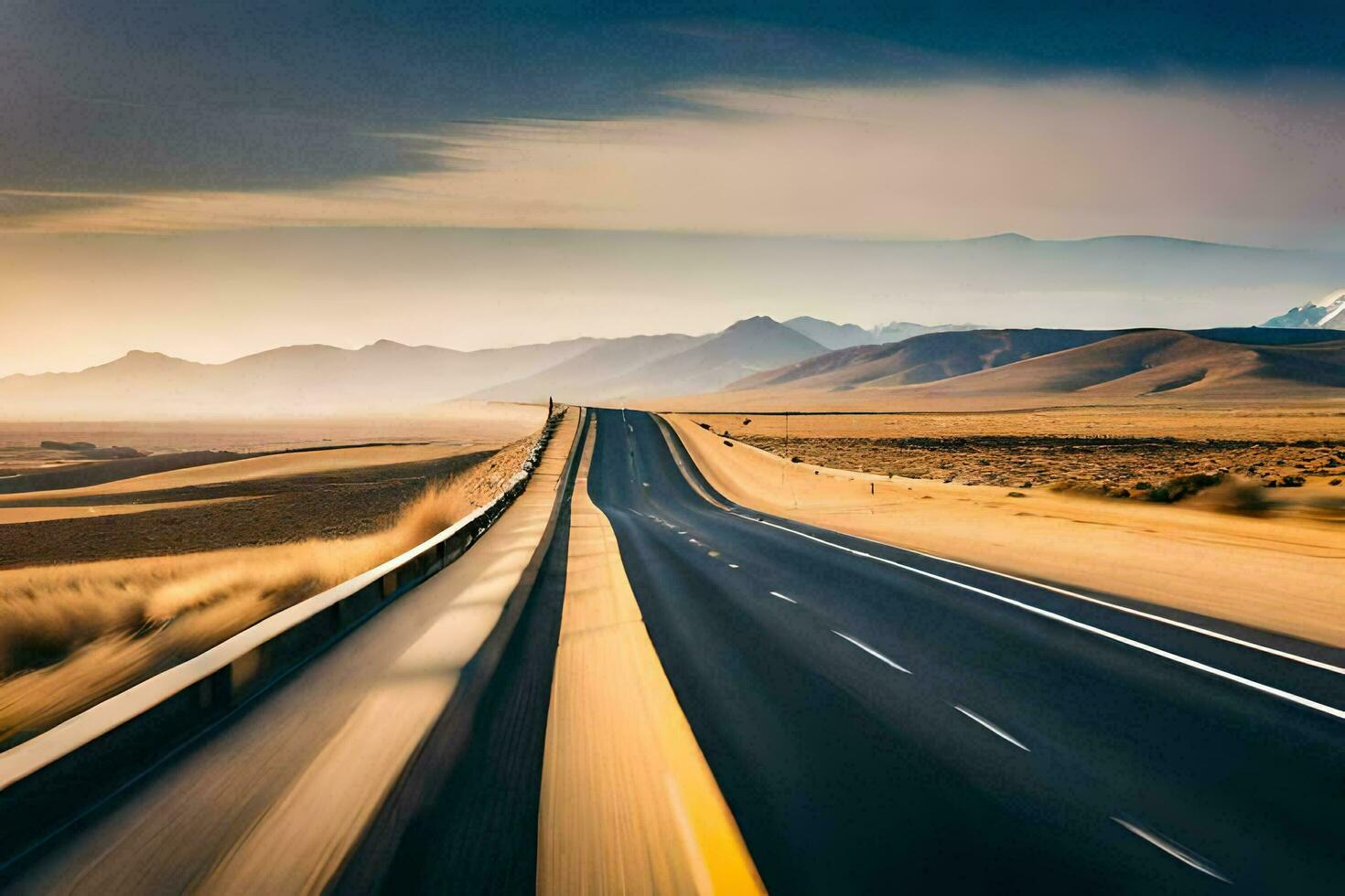 a highway in the desert with mountains in the background. AI-Generated photo