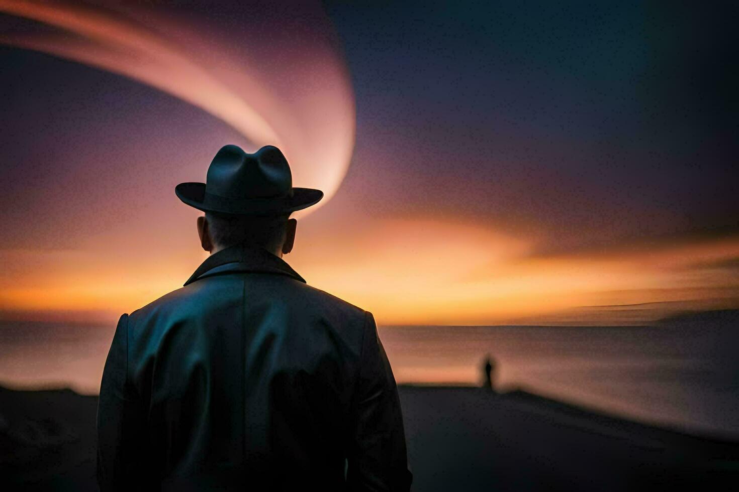 un hombre en un sombrero y chaqueta mirando a el puesta de sol. generado por ai foto