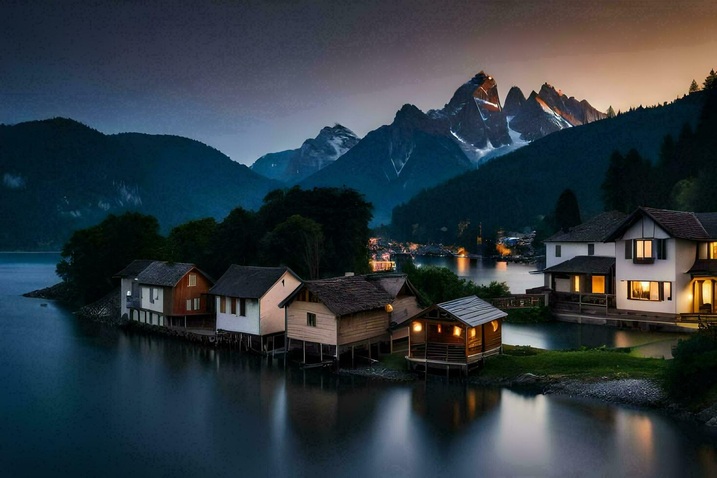 houses on the shore of a lake at dusk. AI-Generated photo