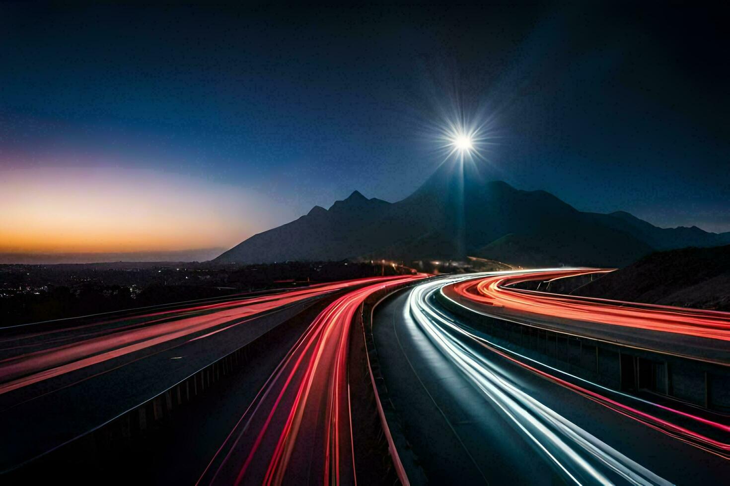a long exposure photo of a highway at night. AI-Generated