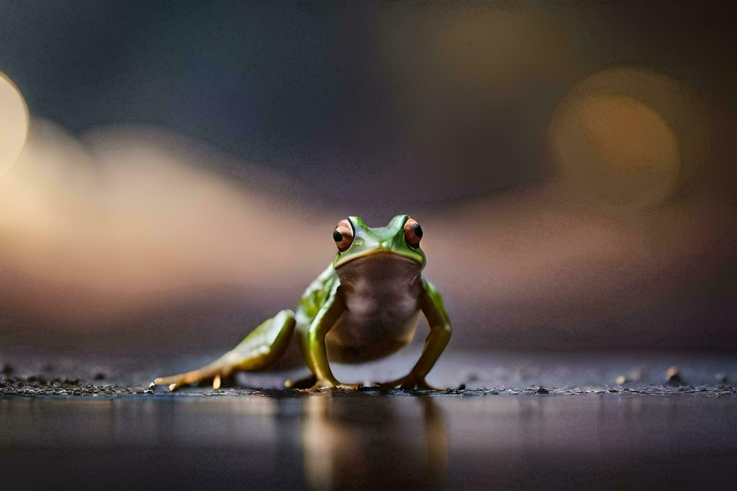 a frog sitting on the ground with blurry lights behind it. AI-Generated photo