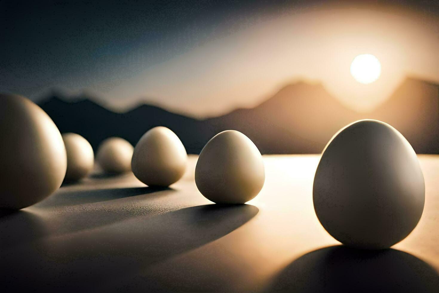 eggs are lined up in front of a mountain. AI-Generated photo