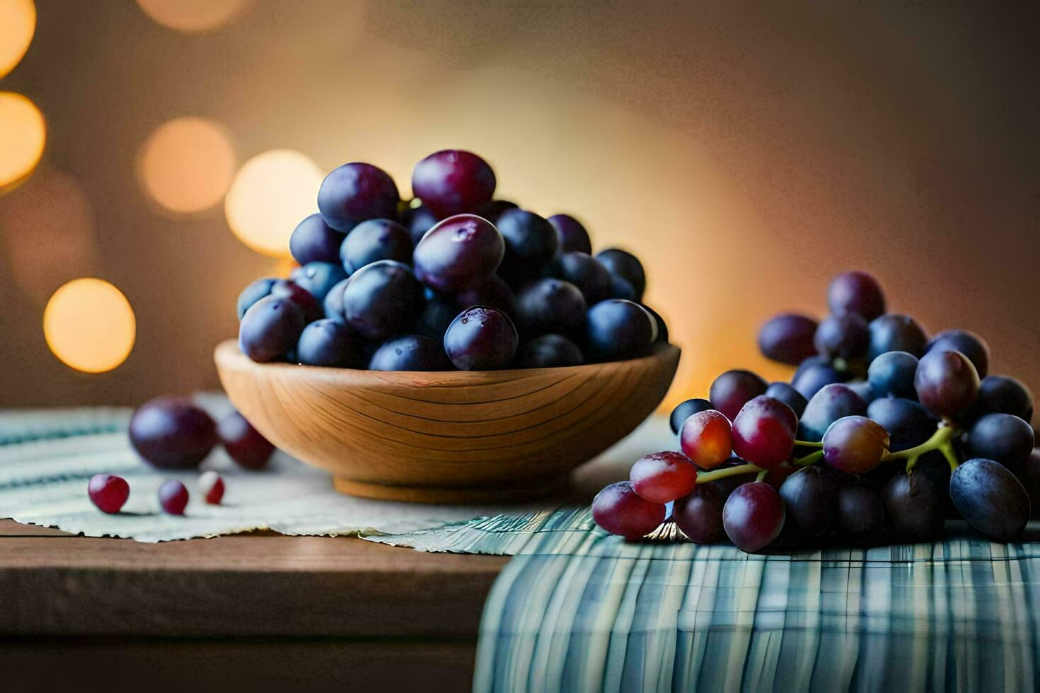 grapes in a bowl on a wooden table. AI-Generated photo