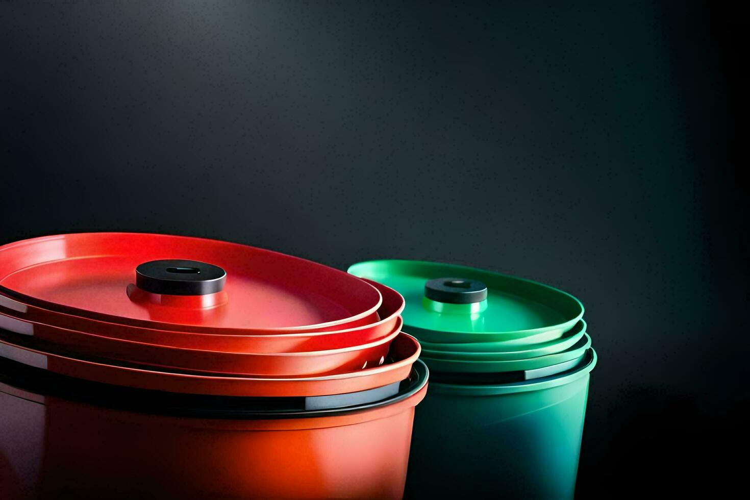 three colorful metal cans with black tops. AI-Generated photo