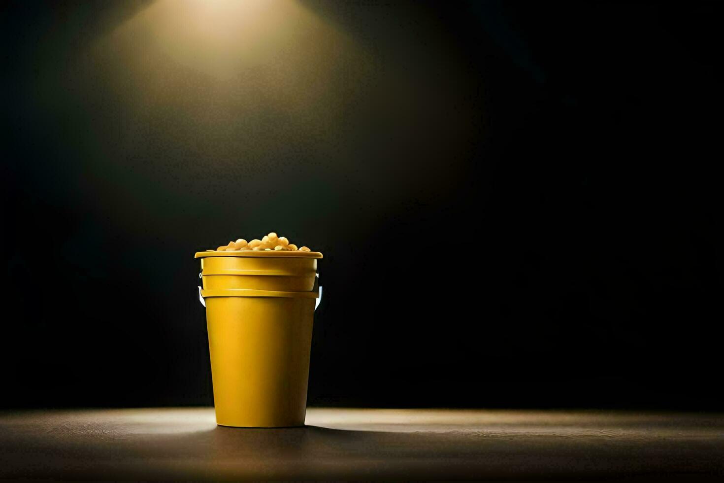 a bucket of popcorn on a table in front of a spotlight. AI-Generated photo