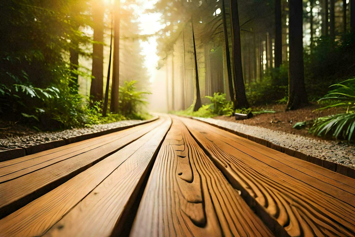 wooden path in the forest. AI-Generated photo