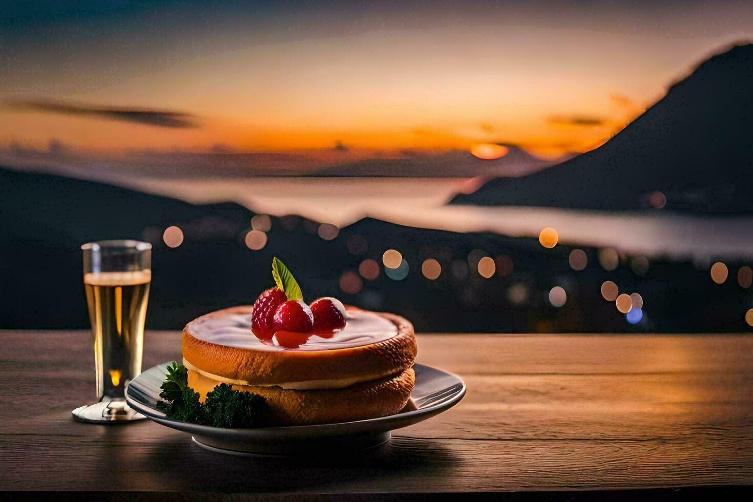 a dessert and champagne on a table overlooking the lake. AI-Generated photo
