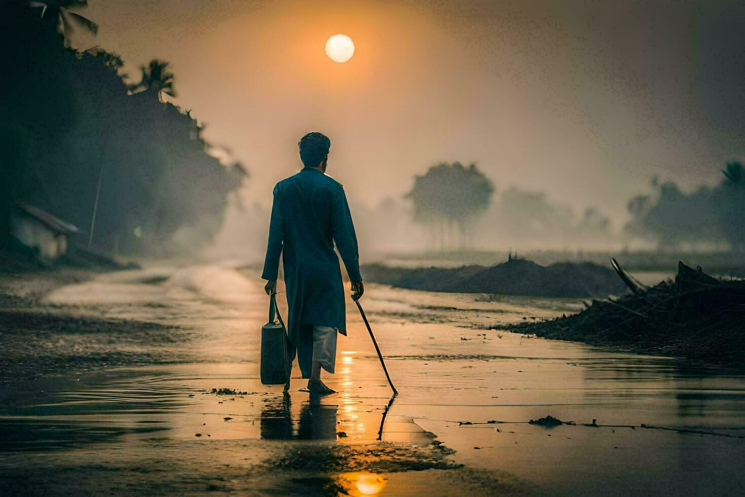 un hombre caminando a lo largo un mojado la carretera a puesta de sol. generado por ai foto