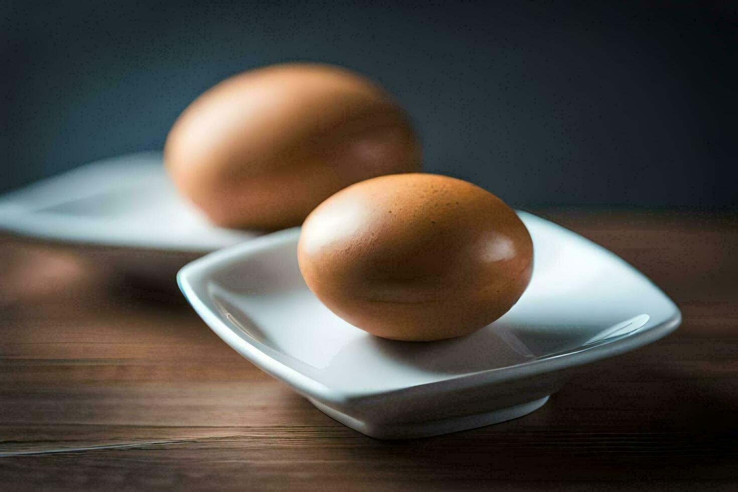 dos huevos en un plato en un de madera mesa. generado por ai foto