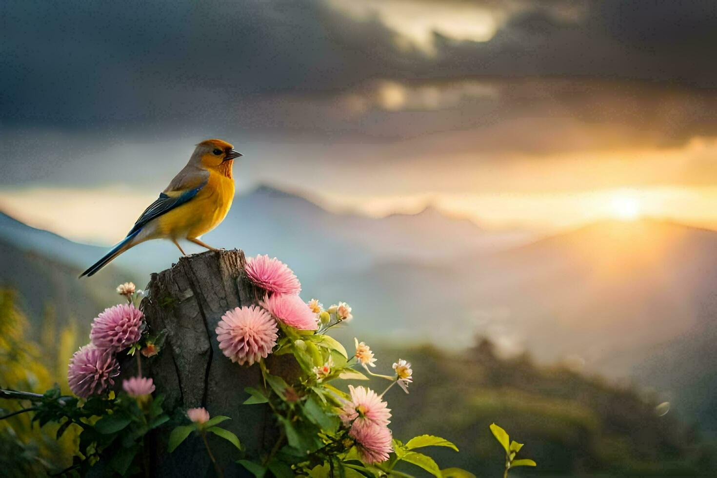 photo wallpaper the sun, flowers, bird, mountains, flowers, bird, flowers, bird,. AI-Generated