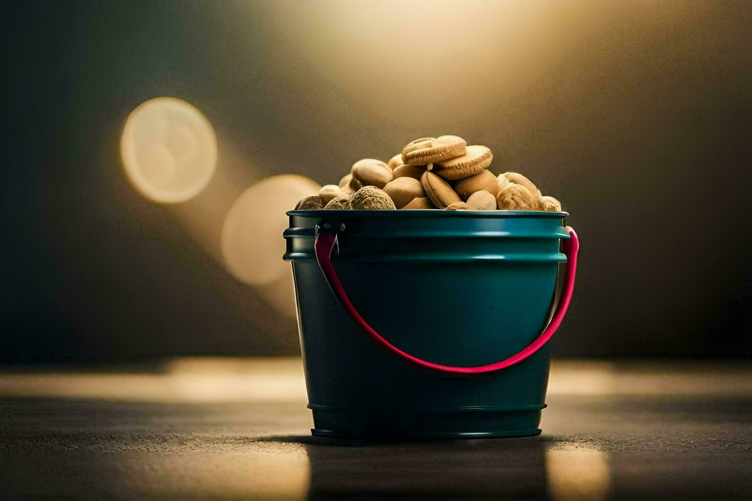 a bucket filled with peanuts on a table. AI-Generated photo
