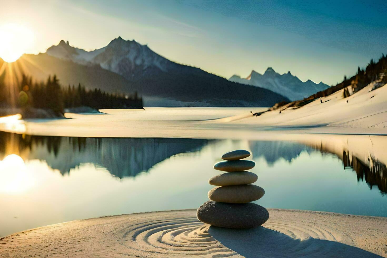 the sun rises over a lake and a stack of stones in the snow. AI-Generated photo